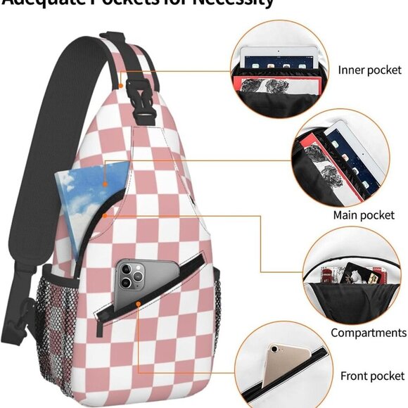 Water-Resistant Pink and White Checkered Sling Backpack - Ideal for Everyday Use - Picture 3 of 7